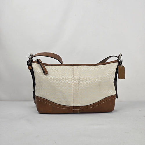 Coach F10945 Signature Jacquard Shoulder Bag Cream Tan Leather Trim