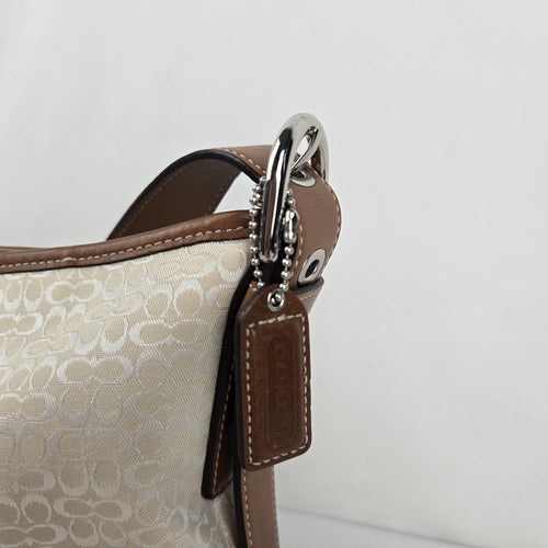 Coach F10945 Signature Jacquard Shoulder Bag Cream Tan Leather Trim