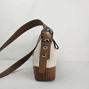 Coach F10945 Signature Jacquard Shoulder Bag Cream Tan Leather Trim