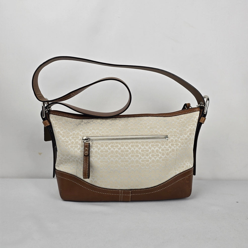 Coach F10945 Signature Jacquard Shoulder Bag Cream Tan Leather Trim