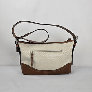 Coach F10945 Signature Jacquard Shoulder Bag Cream Tan Leather Trim