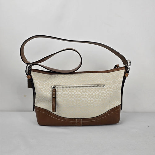 Coach F10945 Signature Jacquard Shoulder Bag Cream Tan Leather Trim