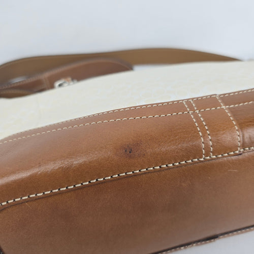 Coach F10945 Signature Jacquard Shoulder Bag Cream Tan Leather Trim