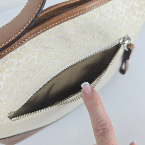 Coach F10945 Signature Jacquard Shoulder Bag Cream Tan Leather Trim