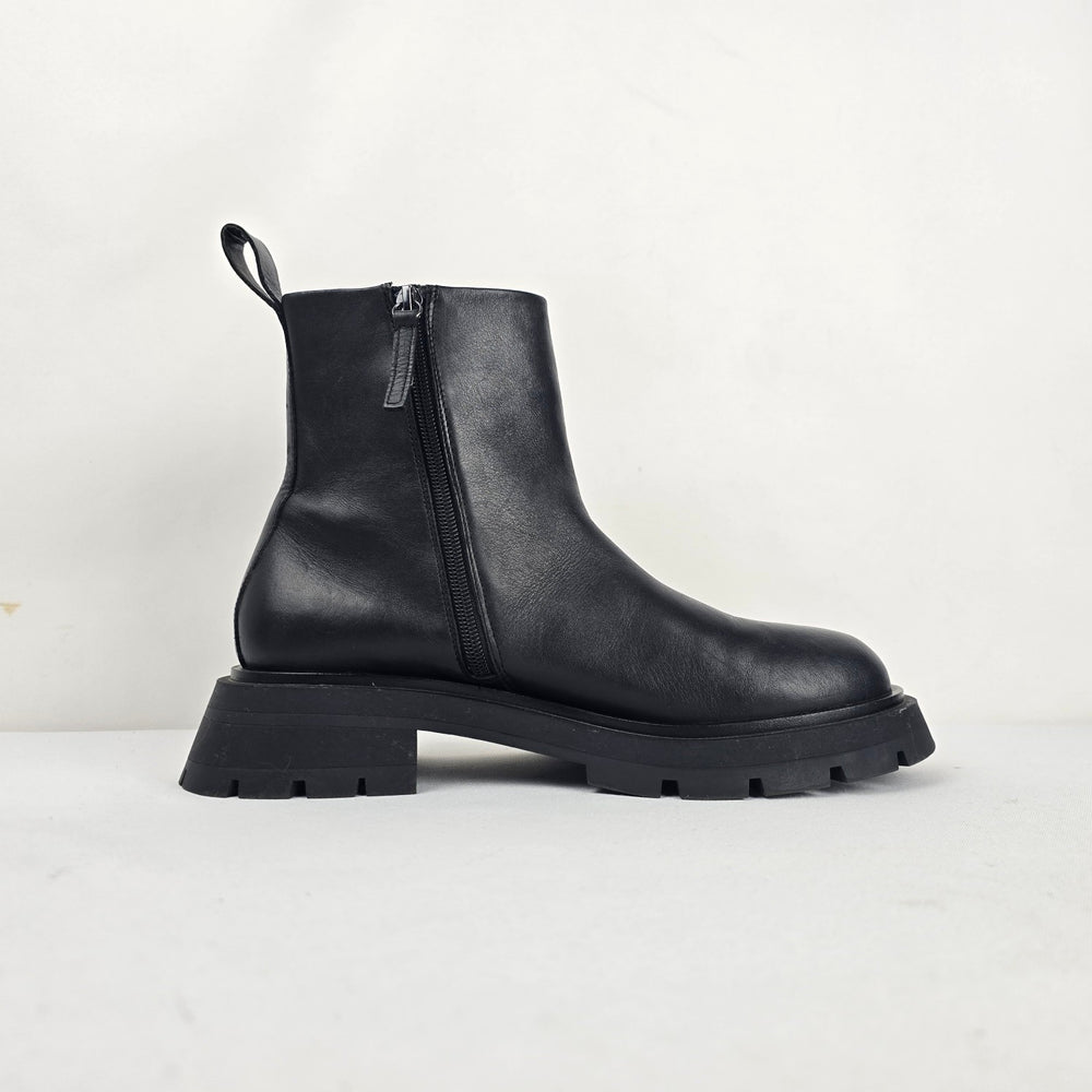 Zara Black Chunky Lug Sole Ankle Boots Side Zip Size 10