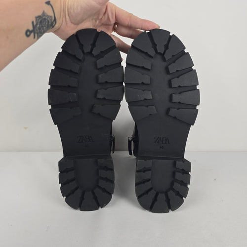 Zara Black Chunky Lug Sole Ankle Boots Side Zip Size 10
