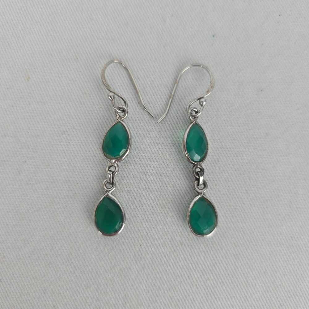 925 Sterling Silver Green Faceted Teardrop Double Drop Dangle Earrings