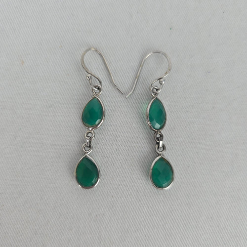 925 Sterling Silver Green Faceted Teardrop Double Drop Dangle Earrings