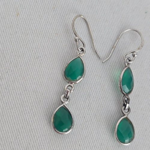 925 Sterling Silver Green Faceted Teardrop Double Drop Dangle Earrings