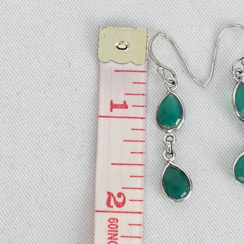 925 Sterling Silver Green Faceted Teardrop Double Drop Dangle Earrings