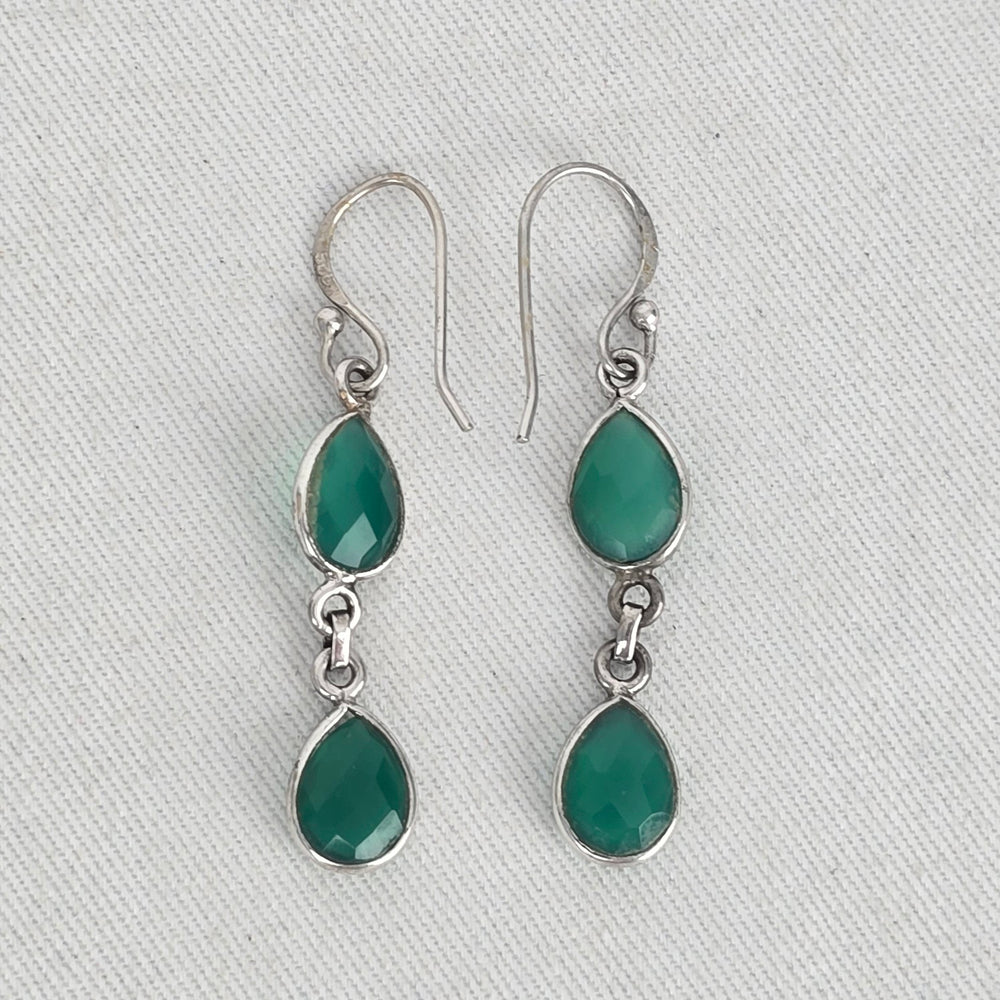 925 Sterling Silver Green Faceted Teardrop Double Drop Dangle Earrings