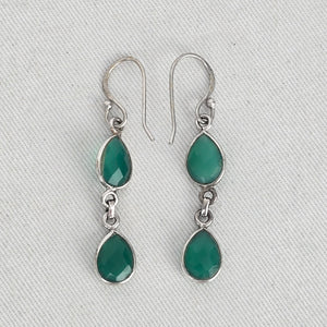 925 Sterling Silver Green Faceted Teardrop Double Drop Dangle Earrings