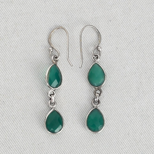 925 Sterling Silver Green Faceted Teardrop Double Drop Dangle Earrings