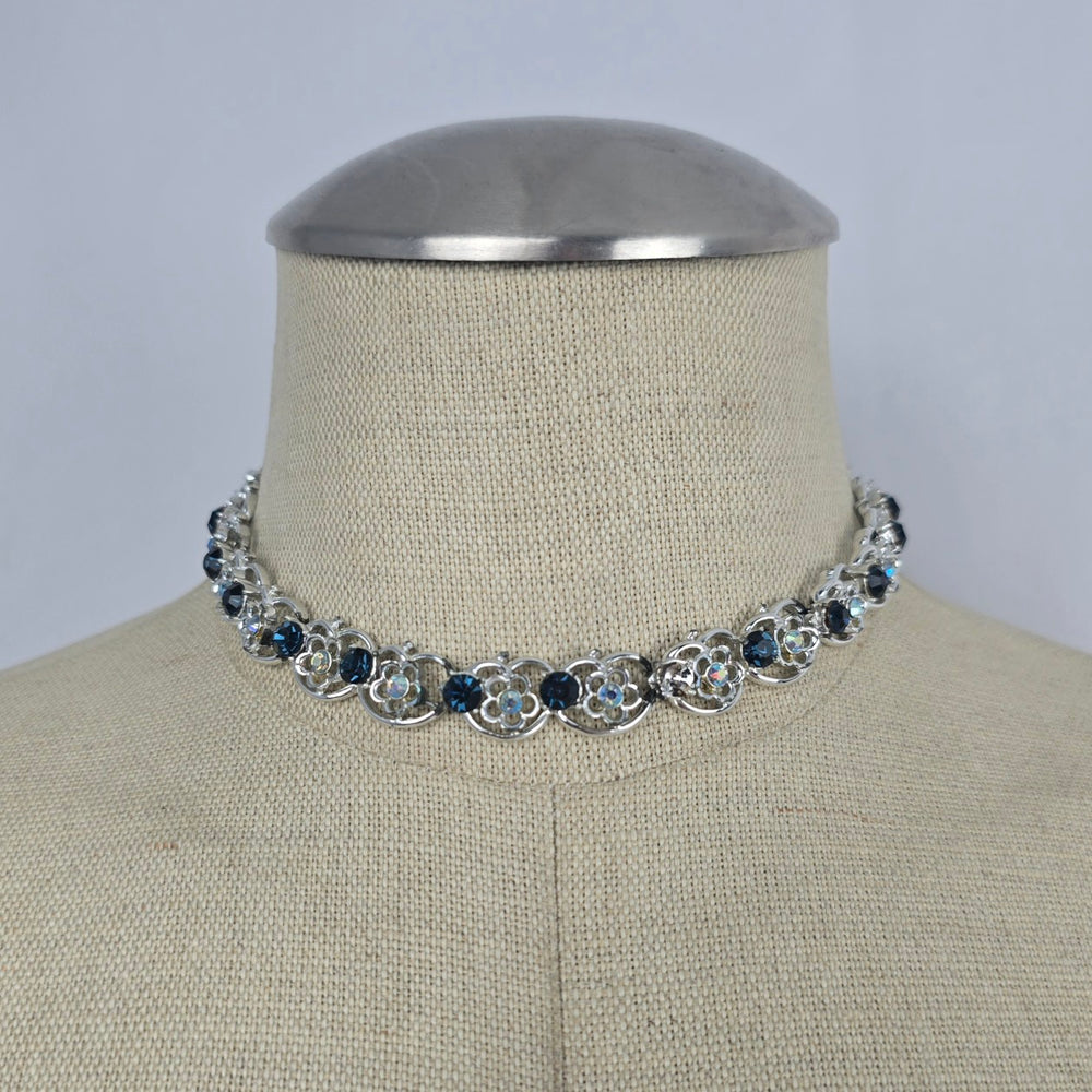 Vintage Silver Tone Blue Rhinestone Floral Choker Necklace Hook Clasp
