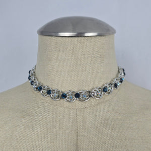 Vintage Silver Tone Blue Rhinestone Floral Choker Necklace Hook Clasp