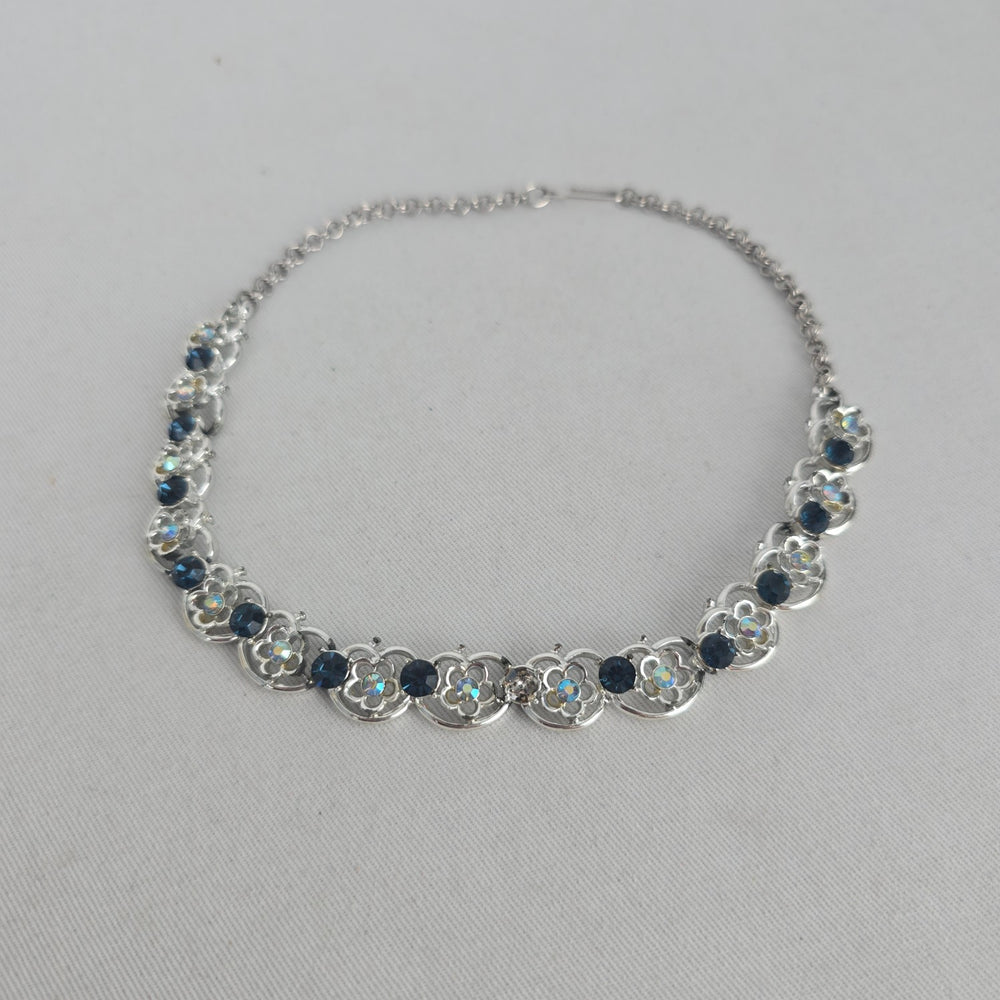 Vintage Silver Tone Blue Rhinestone Floral Choker Necklace Hook Clasp