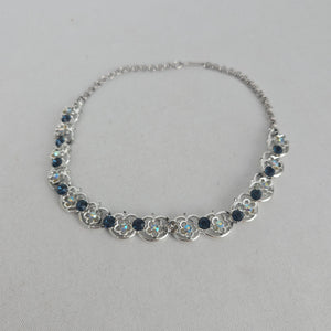 Vintage Silver Tone Blue Rhinestone Floral Choker Necklace Hook Clasp