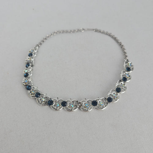 Vintage Silver Tone Blue Rhinestone Floral Choker Necklace Hook Clasp