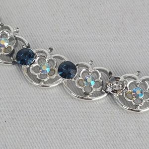 Vintage Silver Tone Blue Rhinestone Floral Choker Necklace Hook Clasp
