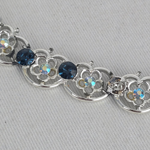 Vintage Silver Tone Blue Rhinestone Floral Choker Necklace Hook Clasp