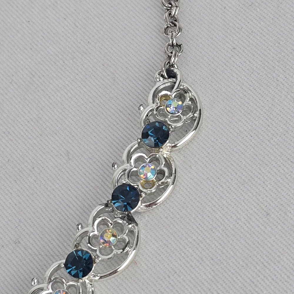 Vintage Silver Tone Blue Rhinestone Floral Choker Necklace Hook Clasp