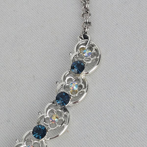 Vintage Silver Tone Blue Rhinestone Floral Choker Necklace Hook Clasp