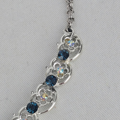 Vintage Silver Tone Blue Rhinestone Floral Choker Necklace Hook Clasp