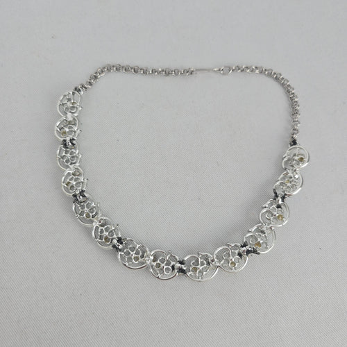 Vintage Silver Tone Blue Rhinestone Floral Choker Necklace Hook Clasp