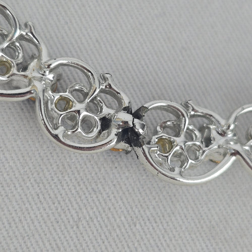 Vintage Silver Tone Blue Rhinestone Floral Choker Necklace Hook Clasp