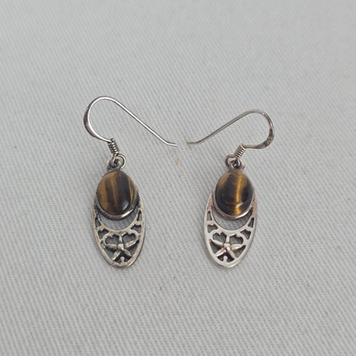 925 Sterling Silver Tiger’s Eye Oval Dangle Drop Earrings