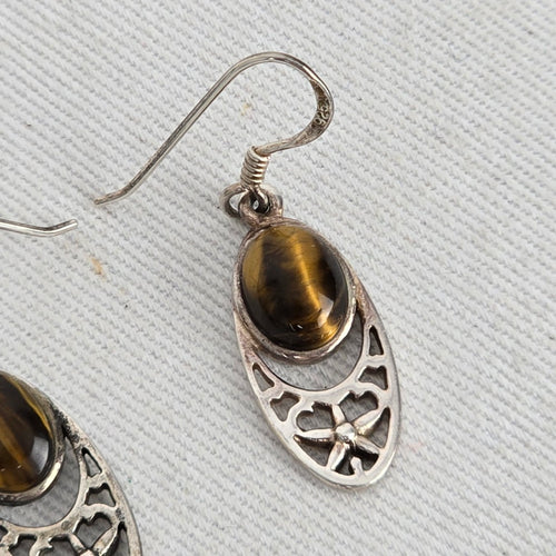 925 Sterling Silver Tiger’s Eye Oval Dangle Drop Earrings