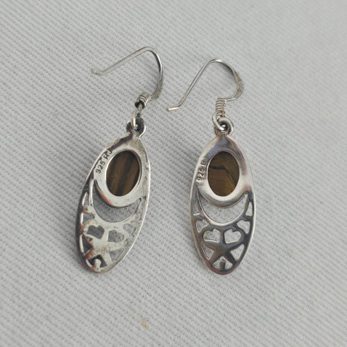 925 Sterling Silver Tiger’s Eye Oval Dangle Drop Earrings