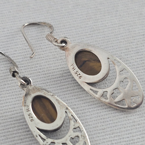925 Sterling Silver Tiger’s Eye Oval Dangle Drop Earrings