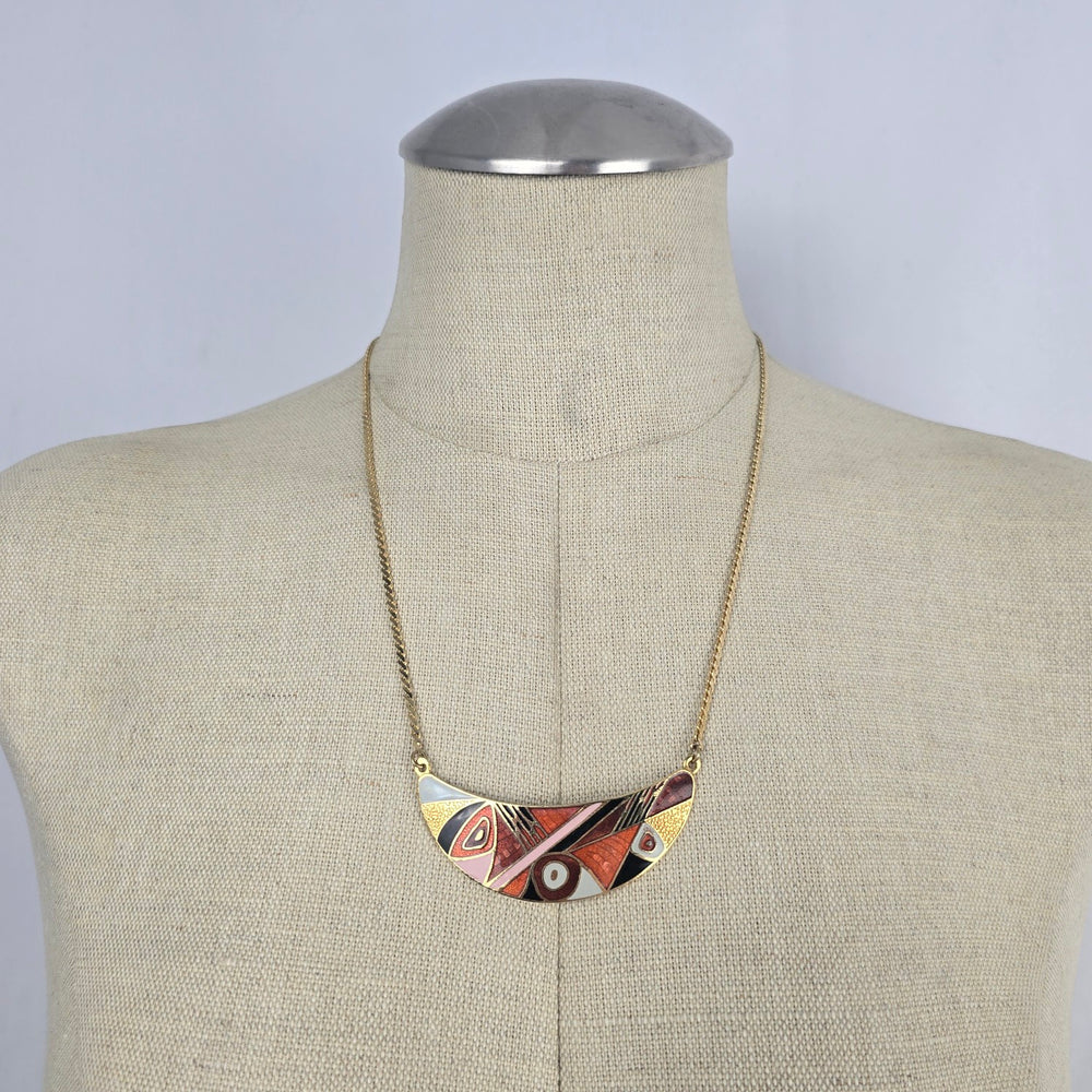 Gold Tone Enamel Geometric Crescent Bib Pendant Necklace Abstract Statement