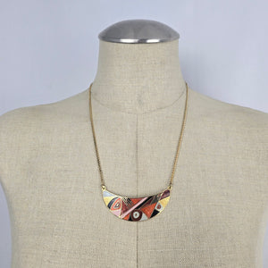 Gold Tone Enamel Geometric Crescent Bib Pendant Necklace Abstract Statement