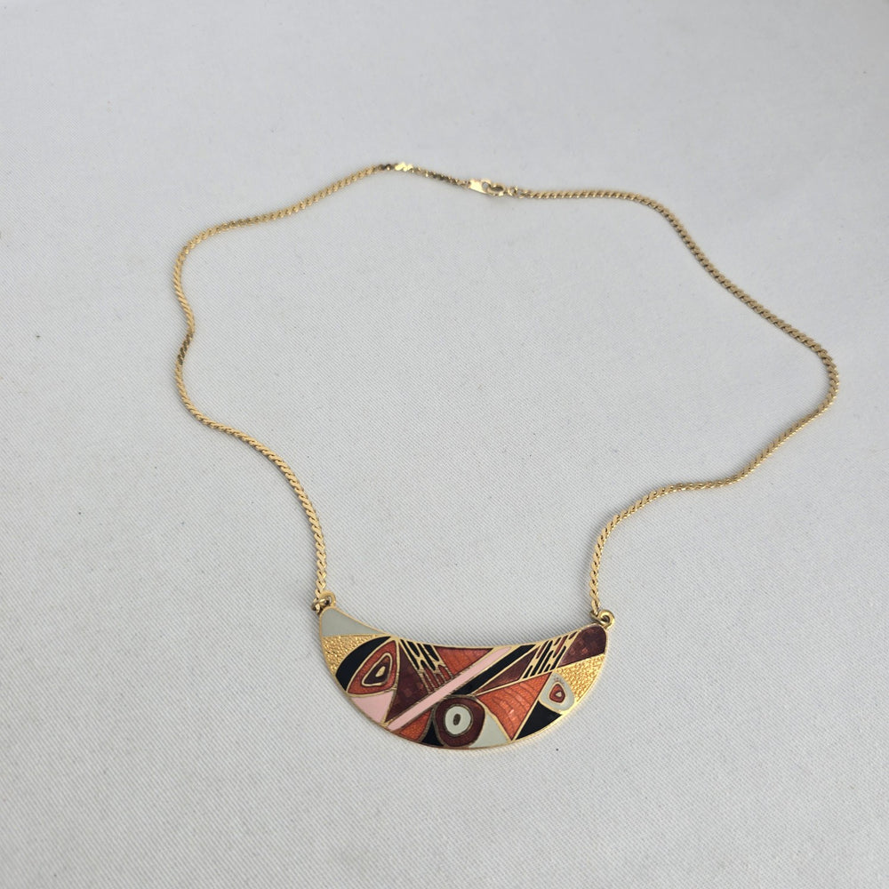 Gold Tone Enamel Geometric Crescent Bib Pendant Necklace Abstract Statement