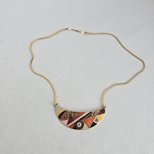 Gold Tone Enamel Geometric Crescent Bib Pendant Necklace Abstract Statement