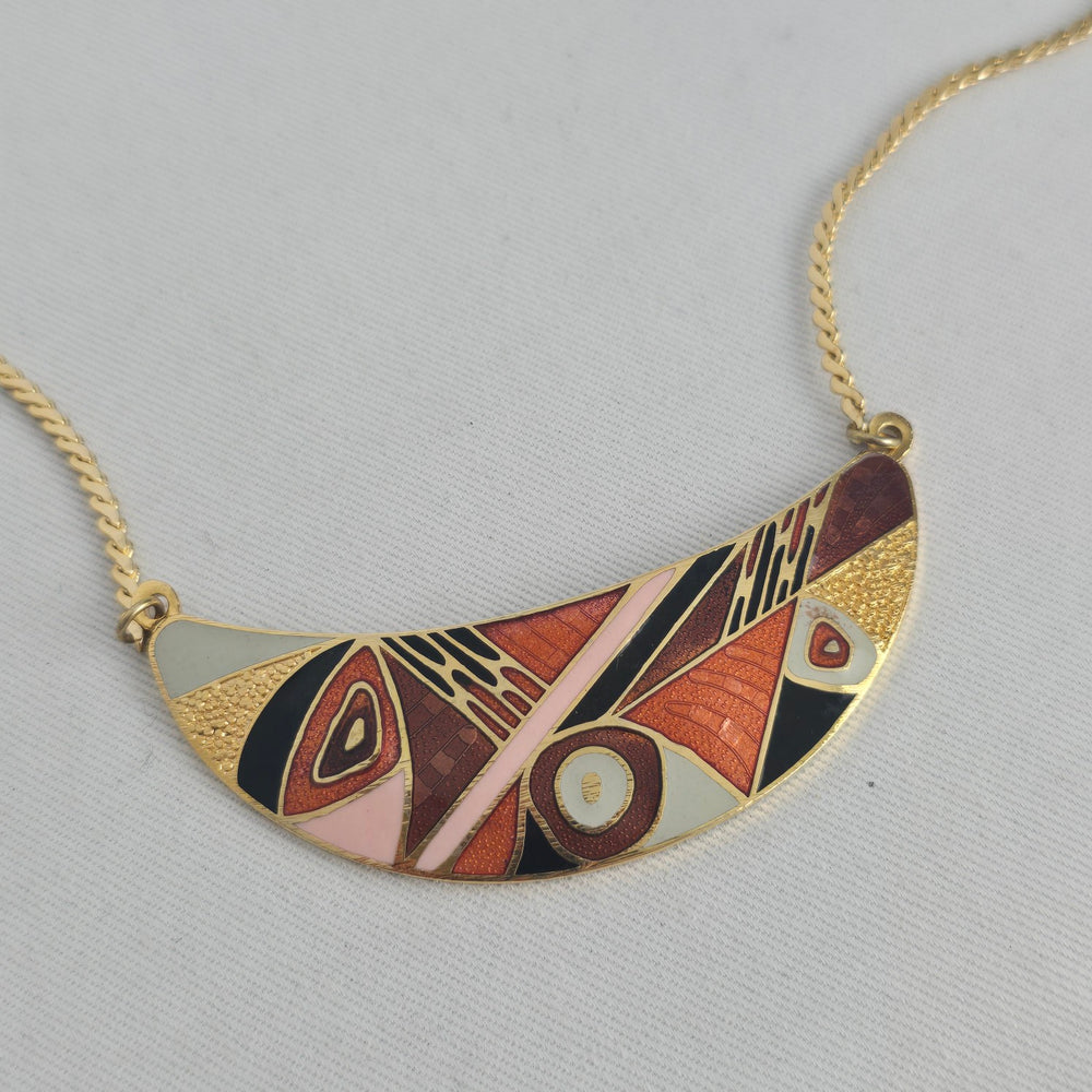 Gold Tone Enamel Geometric Crescent Bib Pendant Necklace Abstract Statement