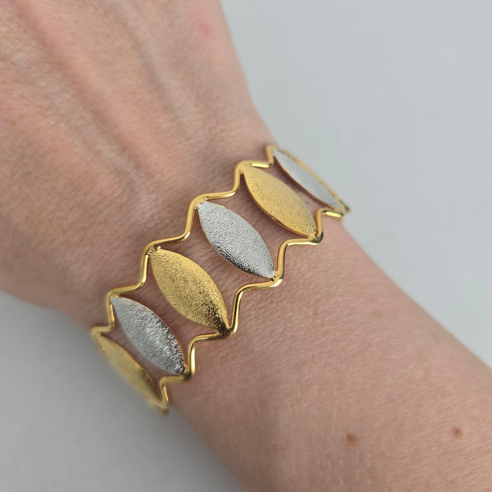 Gold Silver Tone Leaf Marquise Open Cuff Bracelet Two Tone Statement