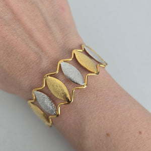 Gold Silver Tone Leaf Marquise Open Cuff Bracelet Two Tone Statement