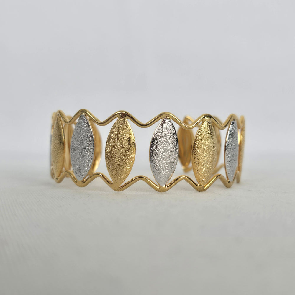 Gold Silver Tone Leaf Marquise Open Cuff Bracelet Two Tone Statement