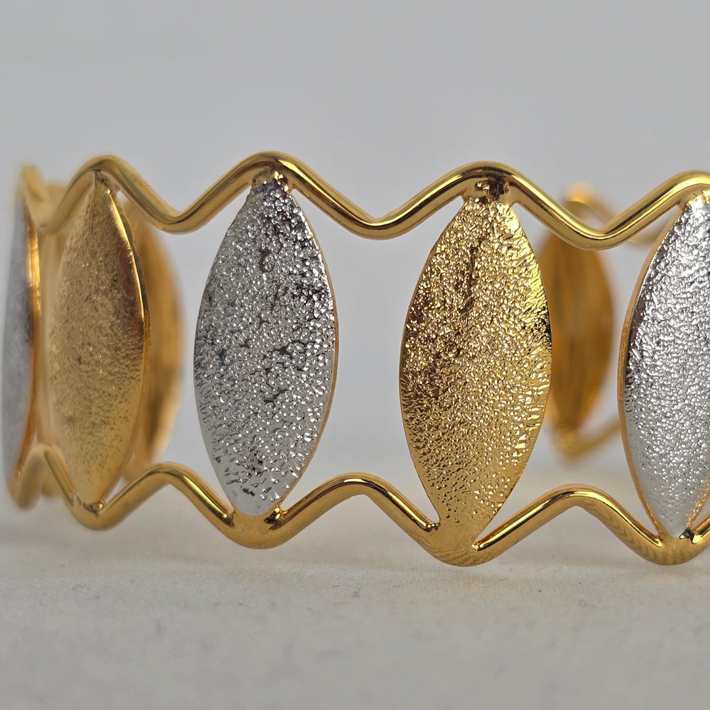 Gold Silver Tone Leaf Marquise Open Cuff Bracelet Two Tone Statement