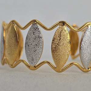 Gold Silver Tone Leaf Marquise Open Cuff Bracelet Two Tone Statement
