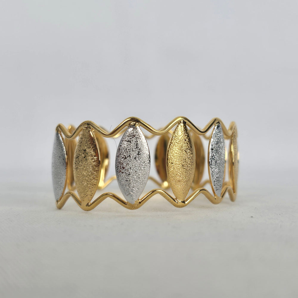 Gold Silver Tone Leaf Marquise Open Cuff Bracelet Two Tone Statement