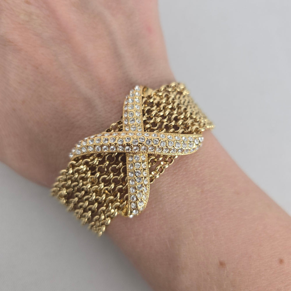 Gold Tone Multi Strand Chain Bracelet Rhinestone Knot Statement Bracelet