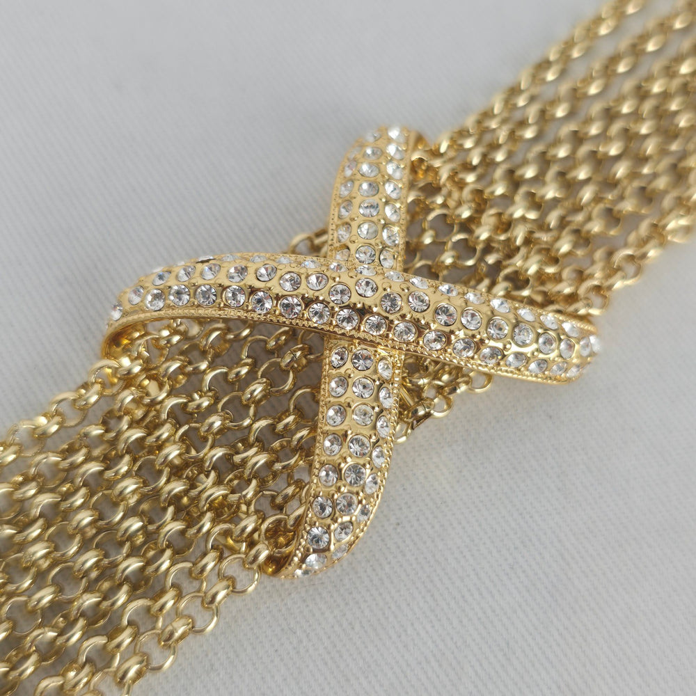Gold Tone Multi Strand Chain Bracelet Rhinestone Knot Statement Bracelet