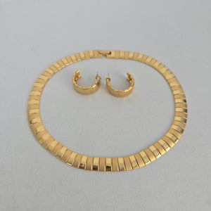 Vintage Gold Tone Collar Necklace & Hoop Earrings Jewelry Set