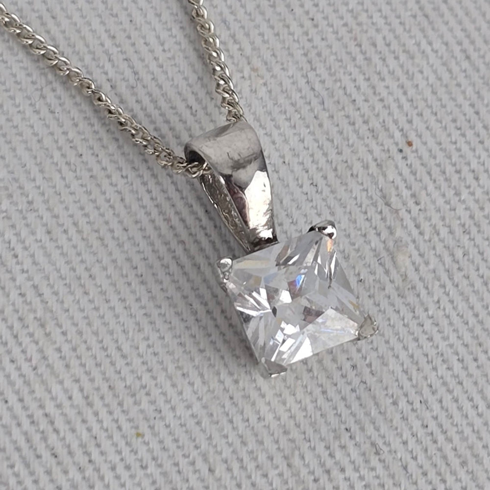 925 Sterling Silver Clear Princess Cut CZ Pendant Necklace