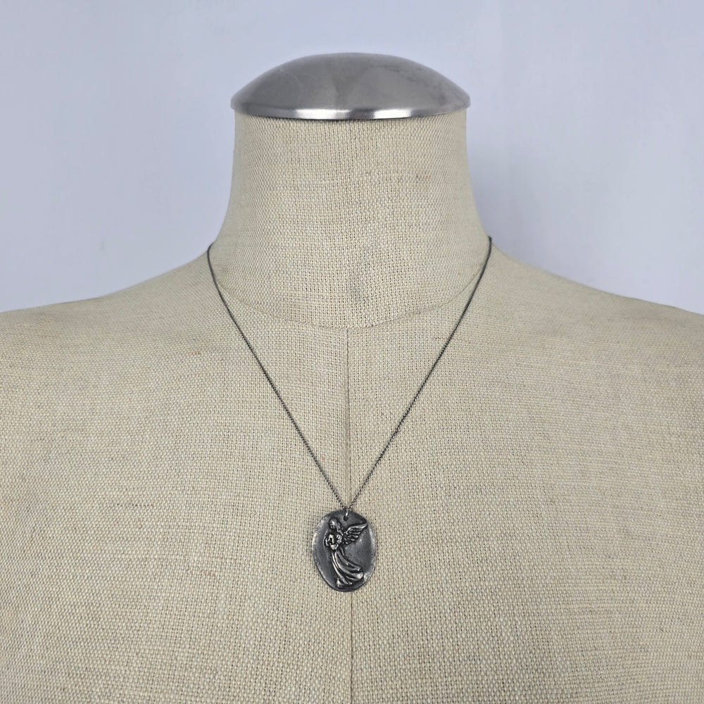 Vintage Sterling Silver Guardian Angel Pendant Necklace