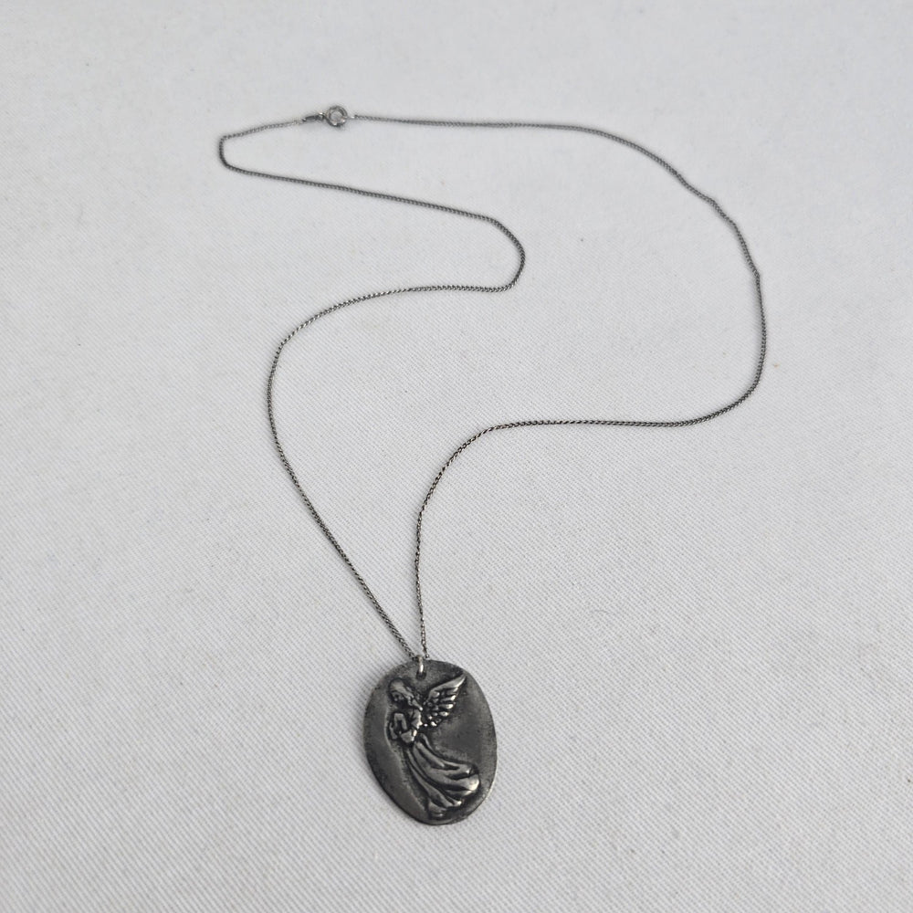 Vintage Sterling Silver Guardian Angel Pendant Necklace